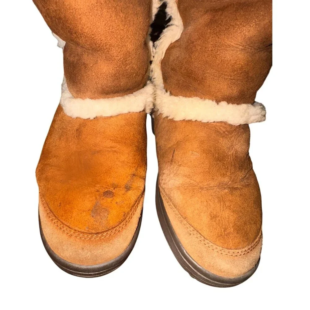 UGG Australia Sunburst Tall Boots W8 Chestnut Shearling Lined Suede Pre-Owned